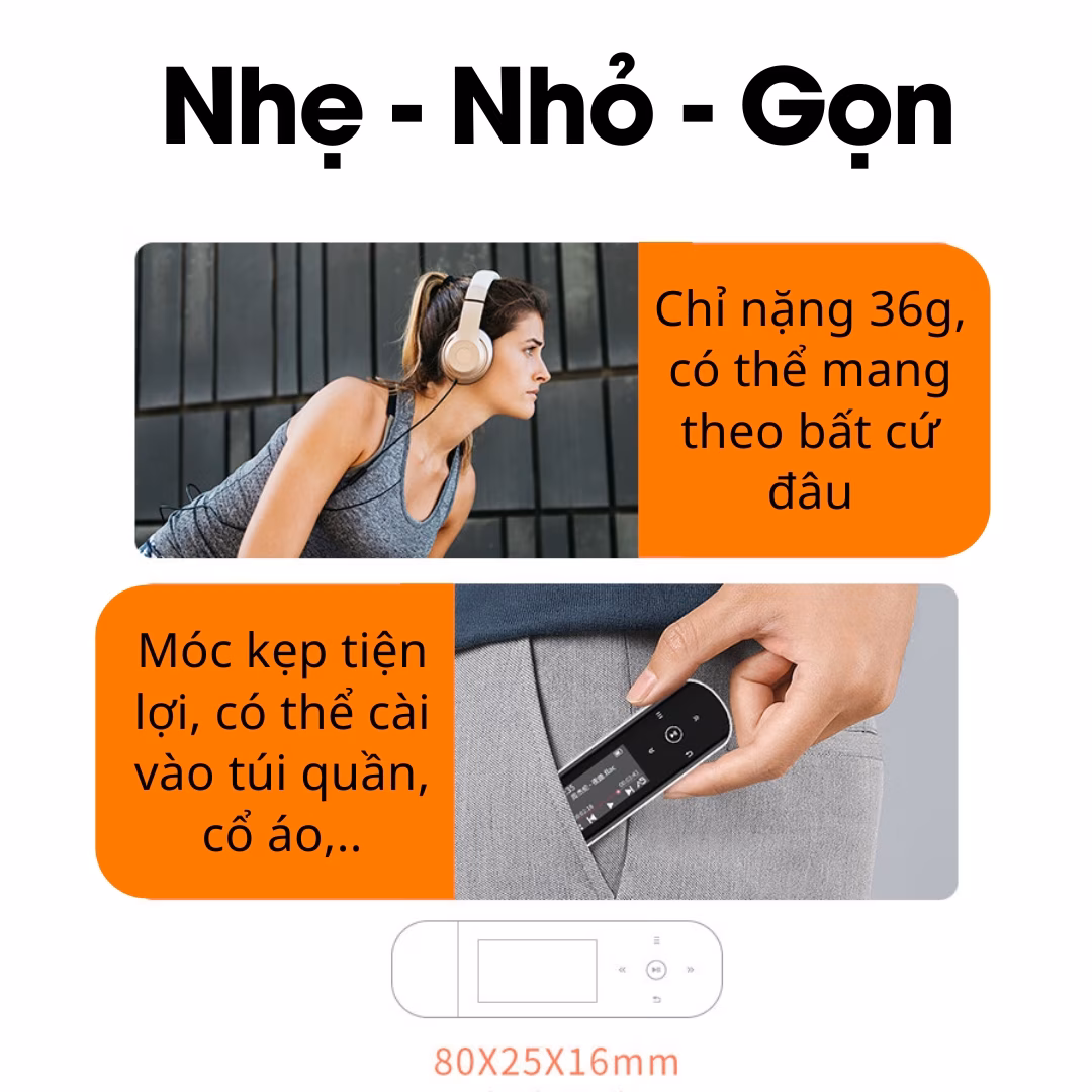 Máy nghe nhạc thể thao Ruizu X69 có kẹp áo kiêm máy ghi âm