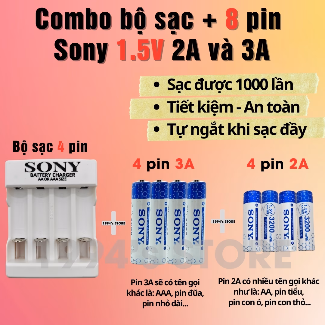 Combo bộ sạc Sony + pin đũa AAA 3A hoặc pin tiểu AA 2A Sony 1.5v