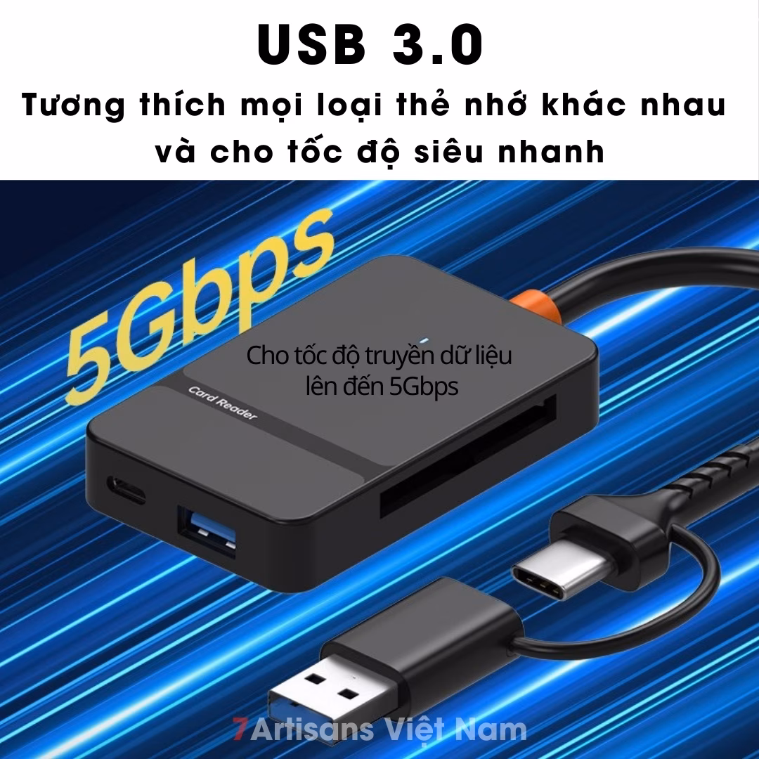 Đầu đọc thẻ nhớ USB 3.0 Type C 8 in 1 tốc độ cao 2 cổng Type C & USB