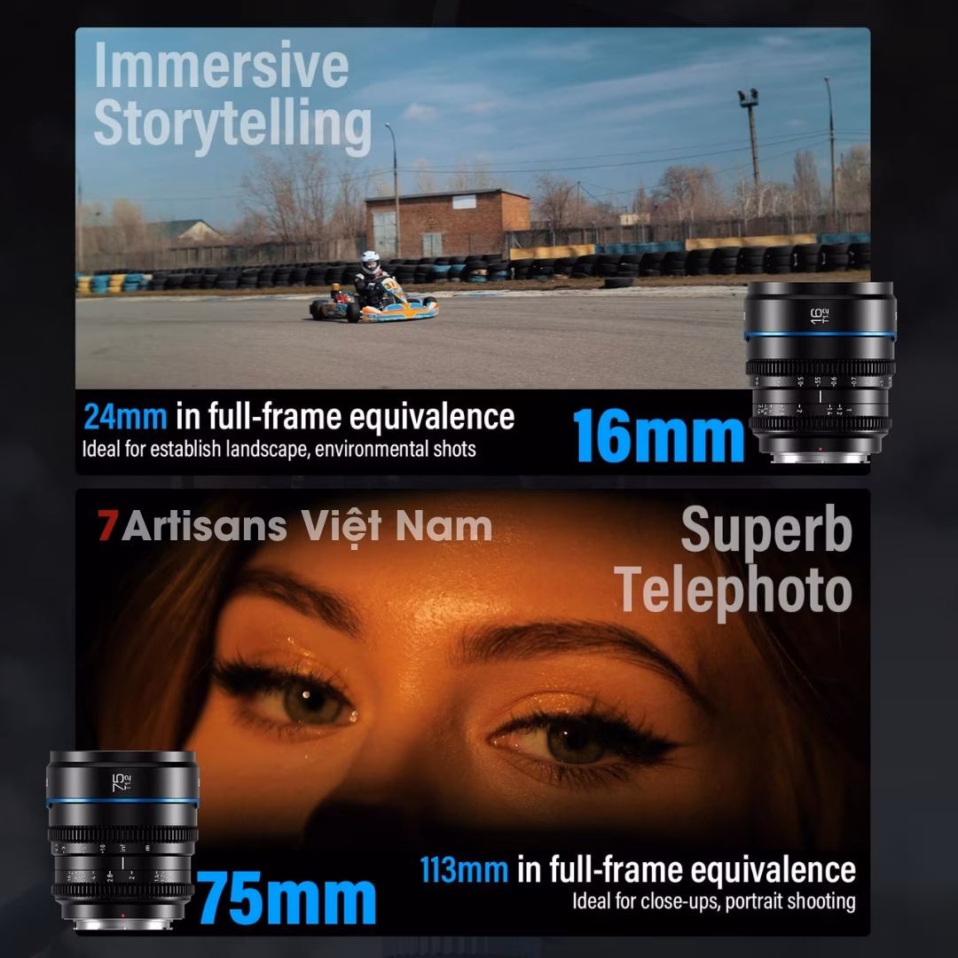 Set 2 lens SIRUI Night Walker T1.2 Super35 Cine 16mm và 75mm