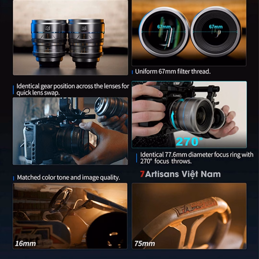 Set 2 lens SIRUI Night Walker T1.2 Super35 Cine 16mm và 75mm
