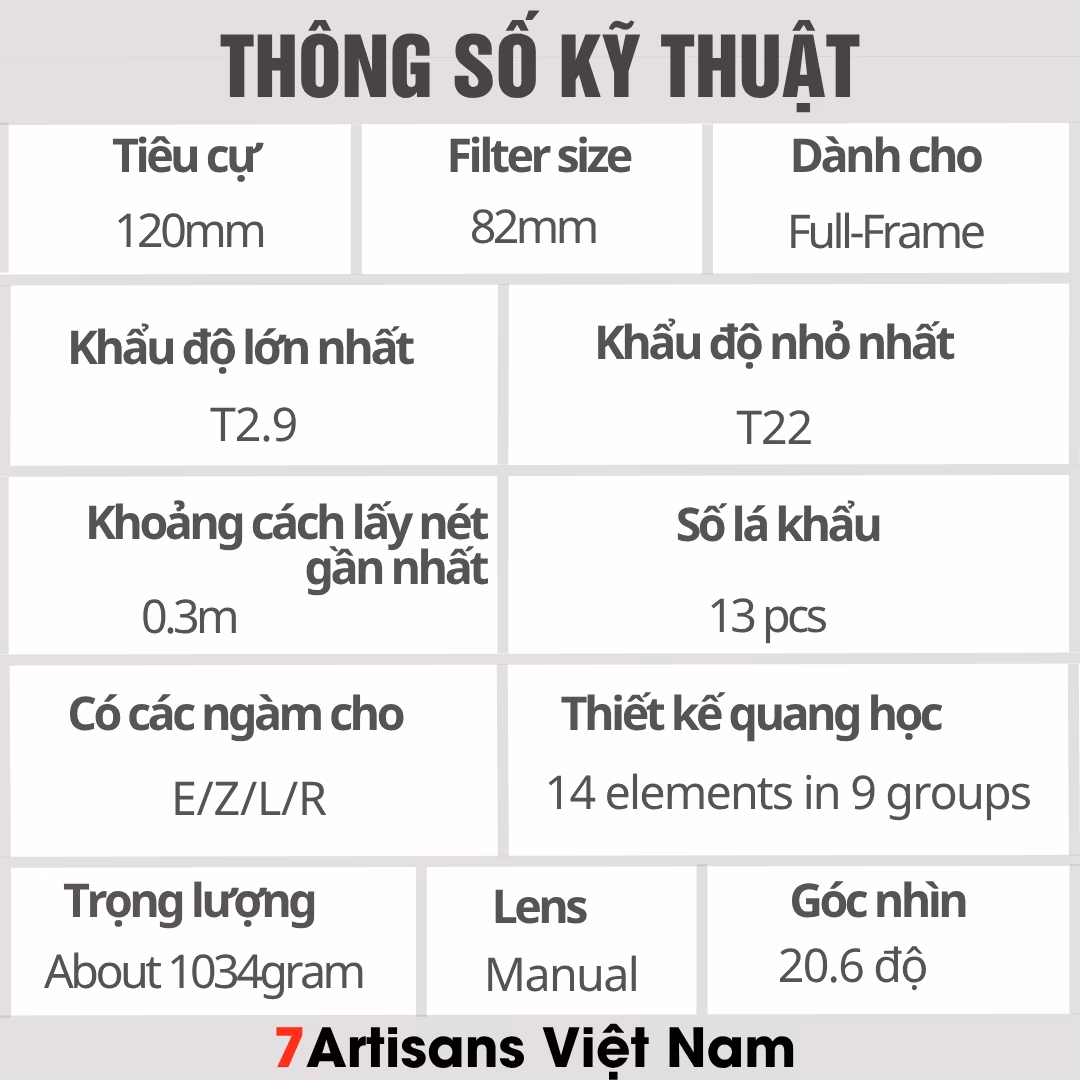 7Artisans 120mm T2.9 thấu kính Hoya cao cấp