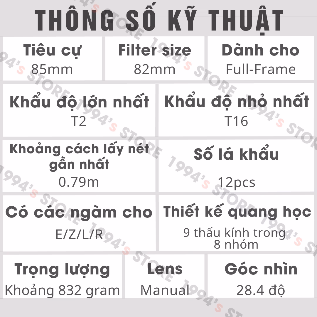 Vòng khẩu vô cấp De-clicked 85mm T2.0