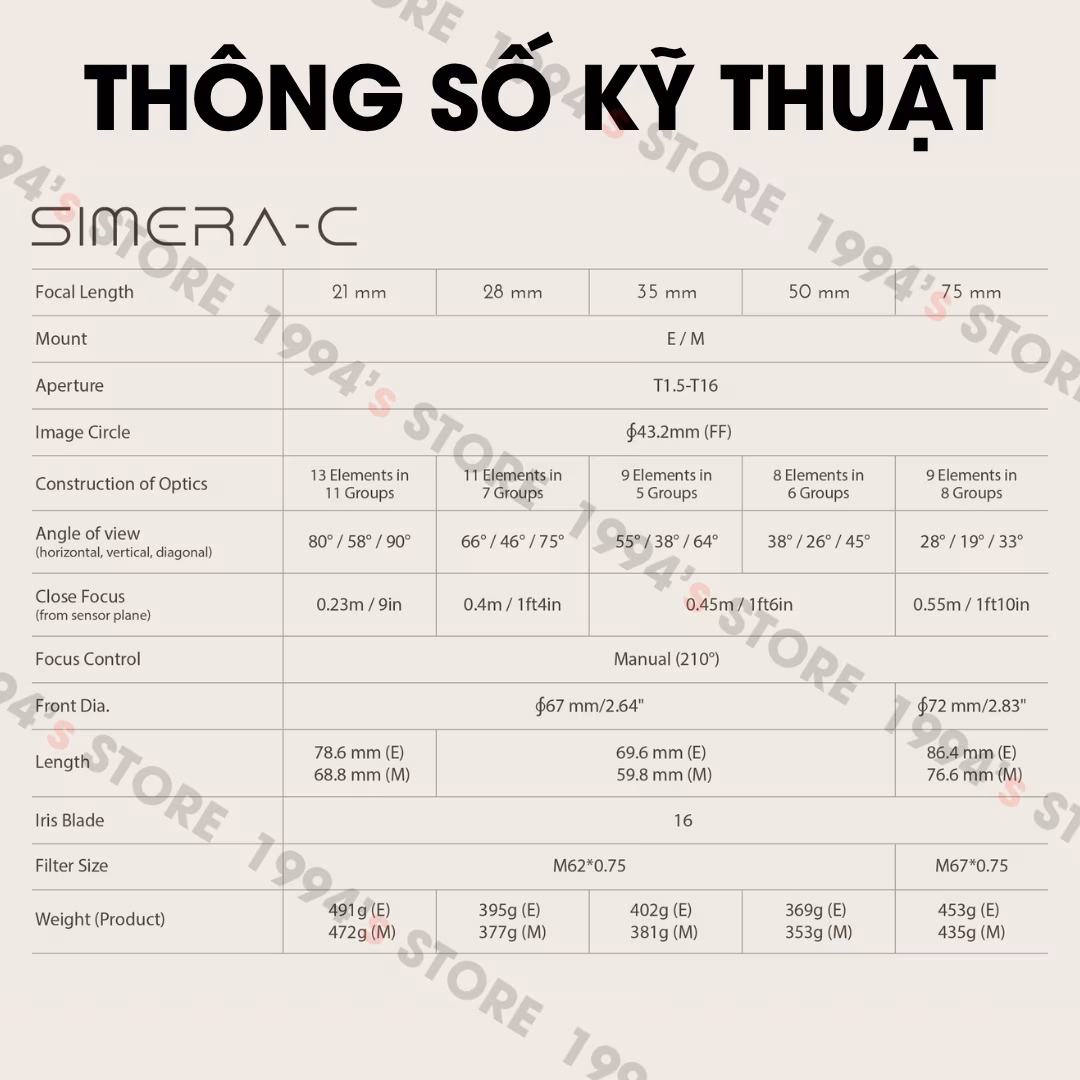 Bộ 5 lens Cine Thypoch Simera-C 21/28/35/50/75mm (Leica M / Sony E)