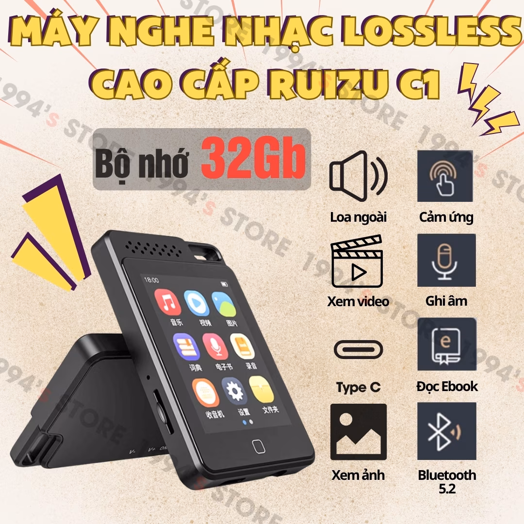 Máy Nghe Nhạc Học Tiếng Anh Ruizu C1 Bluetooth 32Gb Có Loa Ngoài, Lặp Đoạn A-B