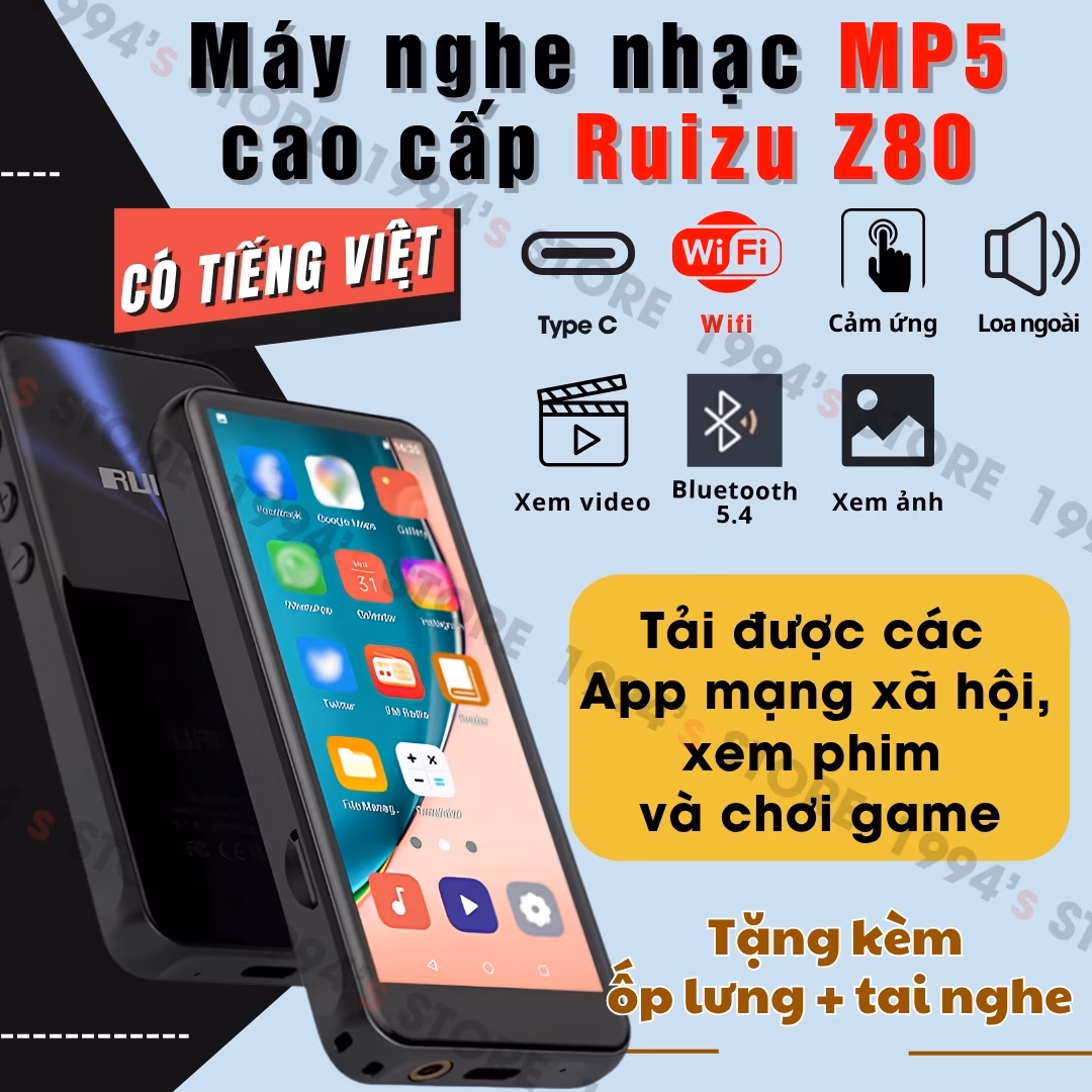Máy Nghe Nhạc Android Ruizu Z80 Xem Video, Cảm Ứng IPS 4 Inch, RAM 2GB, ROM 16GB, Bluetooth 5.2, Wifi