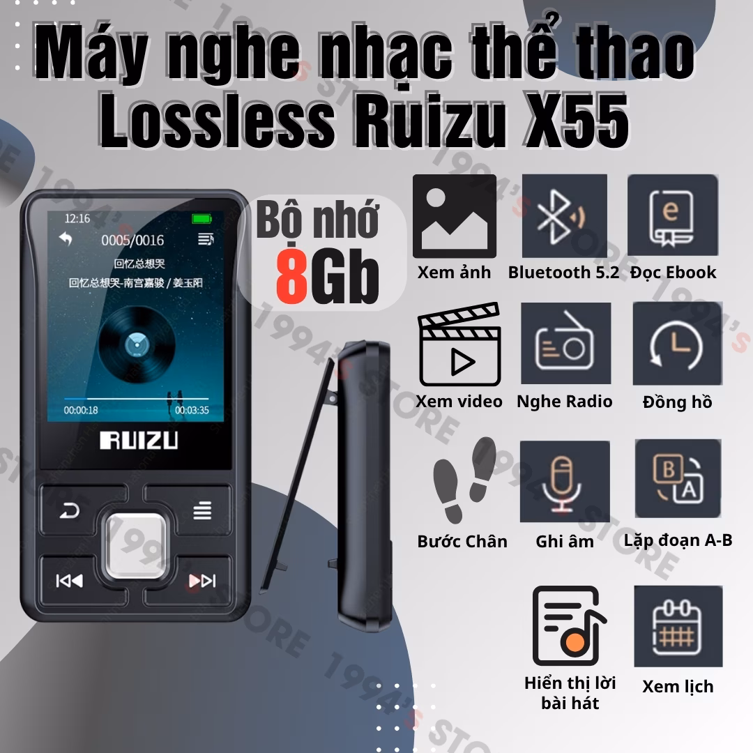 Máy Nghe Nhạc Bluetooth Ruizu X55 Thể Thao Kẹp Áo Chạy Bộ Gym 8GB